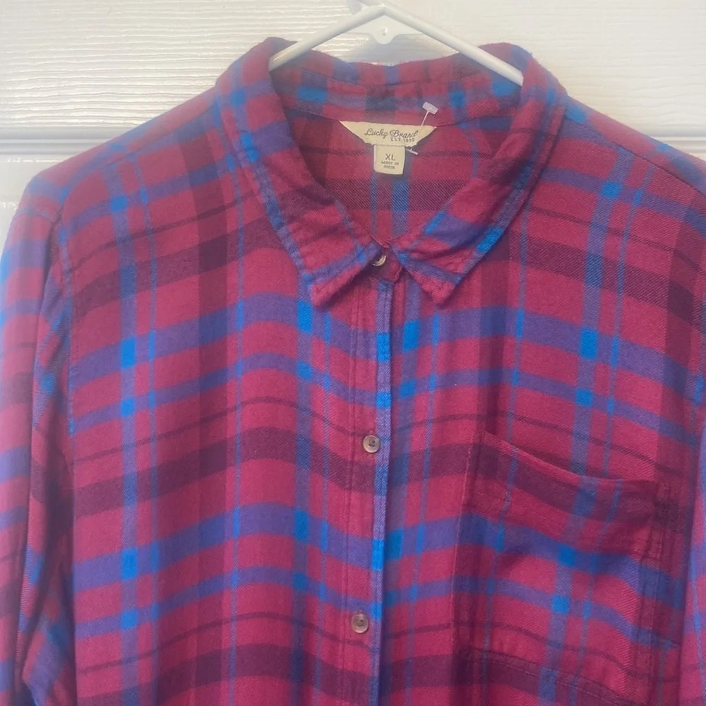 Lucky Brand  Maroon and Blue plaid Flannel Button down  shirt  Size XL - Picture 4 of 8